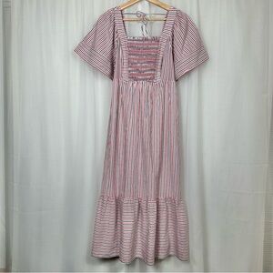 Old Navy Womens Smocked MIlkmaid Midi Dress S Cottage Striped Prairie Pockets